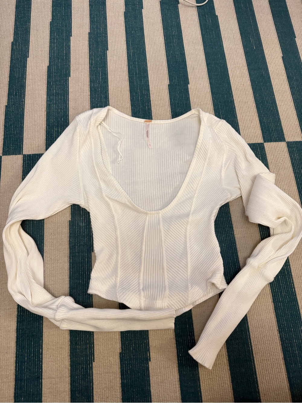 Free People Cream Ribbed Scoop Neck Long Sleeve Top
